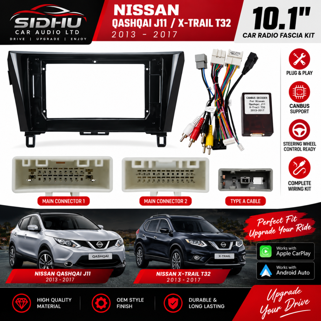 Nissan Qashqai J11 & X-Trail T32 2013–2017 10.1" Radio Fascia Kit with Wiring Harness & CANBUS Decoder