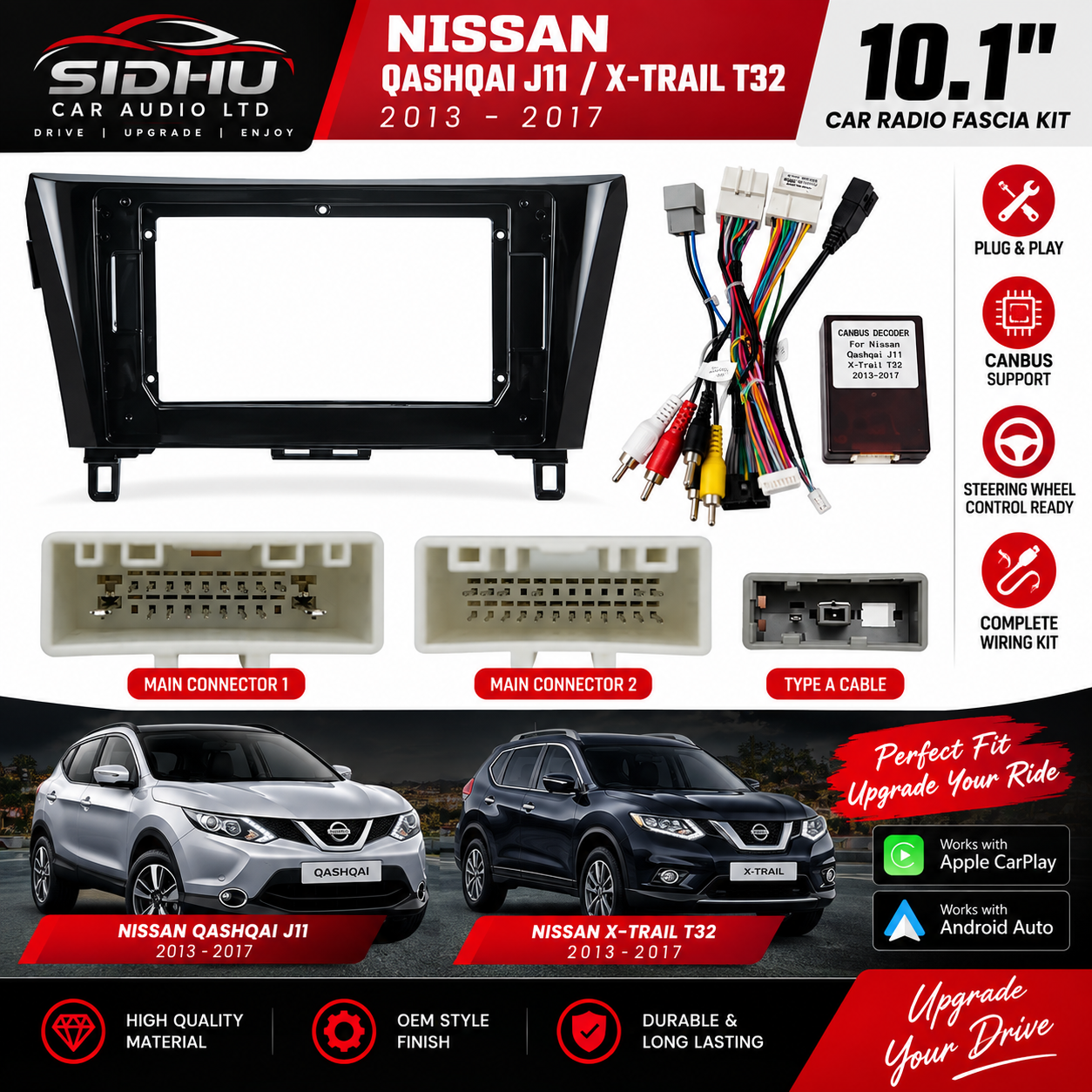 Nissan Qashqai J11 & X-Trail T32 2013–2017 10.1" Radio Fascia Kit with Wiring Harness & CANBUS Decoder