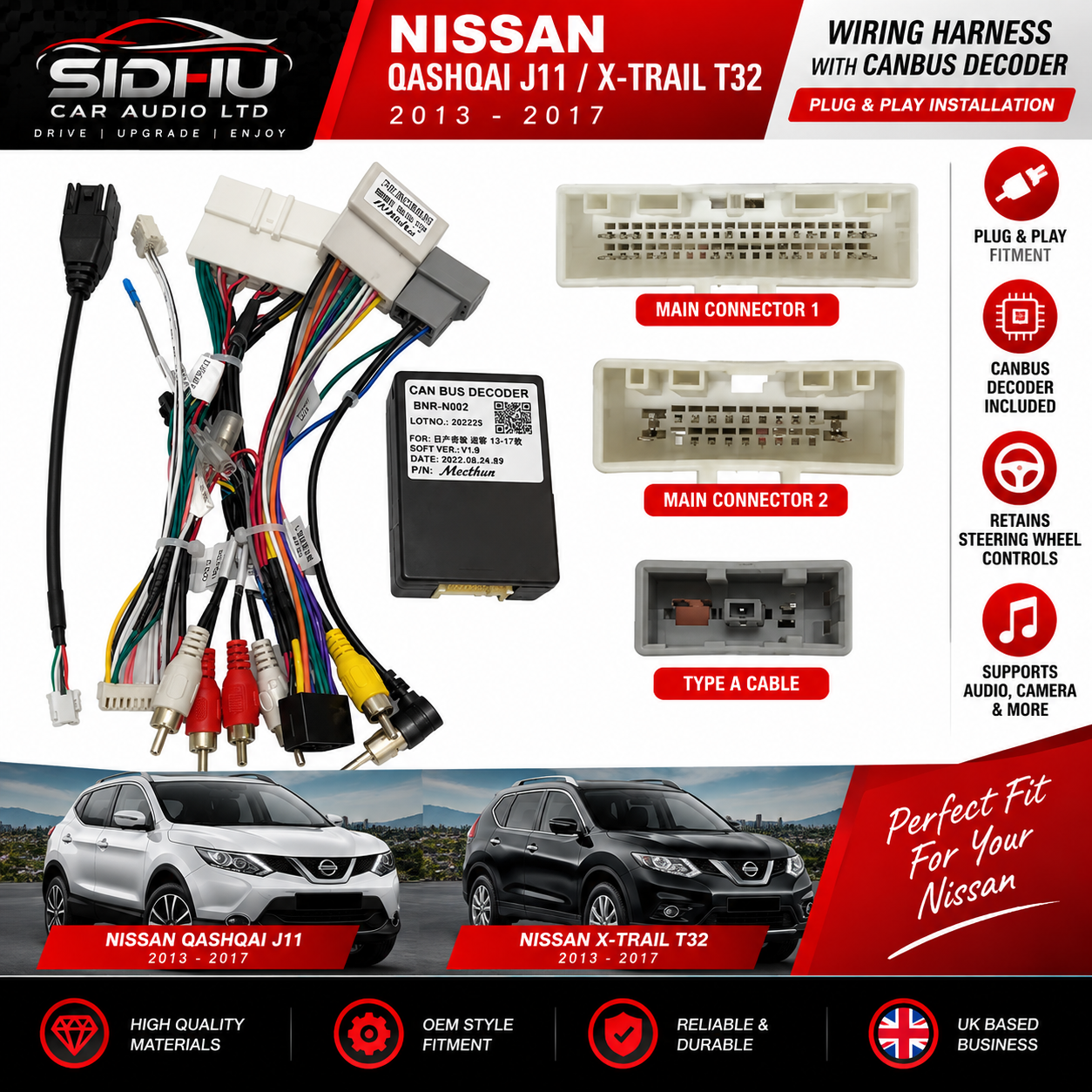 Nissan Qashqai J11 & X-Trail T32 2013–2017 10.1" Radio Fascia Kit with Wiring Harness & CANBUS Decoder - Image 2