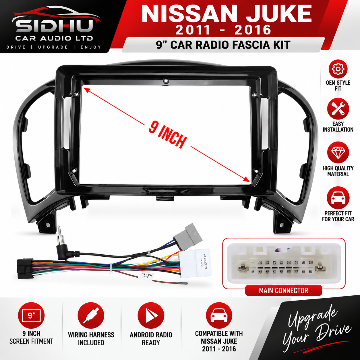 Nissan Juke 2011–2016 9" Car Radio Fascia Kit – Android Touchscreen Stereo Frame with Wiring Harness
